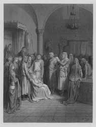 König Artus liest den Brief von Elaine